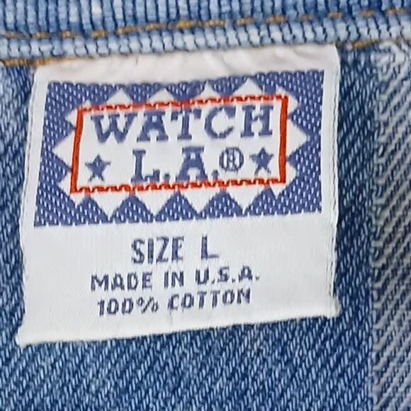 Watch L.A. VTG SZ L Patchwork Denim Jacket Made In The USA RARE Circa 1989–1994 - Picture 6 of 7